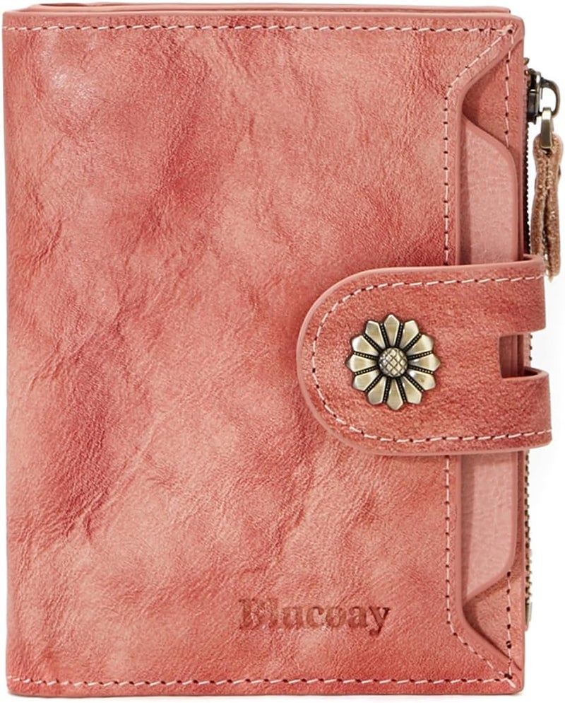 Blucoay Wallet Women,RFID Blocking Leather Womens Wallet Bifold Compact Card Holder Small Wallet for Women with Removable ID Window Pink - Image 1